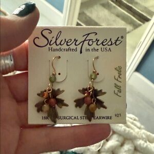 Silver Forest Autumn Leaf Earrings with Green and Gold Accents